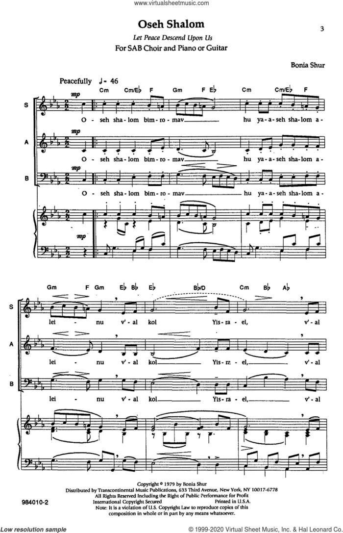 Oseh Shalom sheet music for choir (SAB: soprano, alto, bass) by Bonia Shur, intermediate skill level