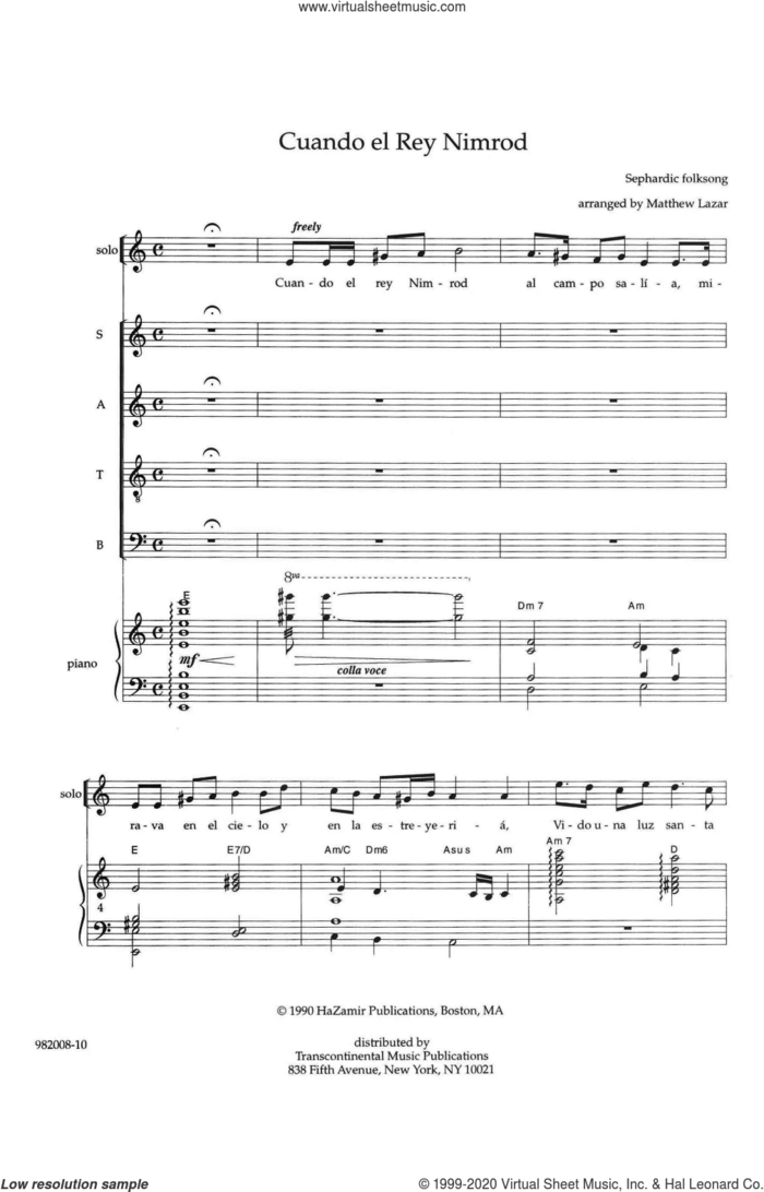 Cuando el Rey Nimrod sheet music for choir (SATB: soprano, alto, tenor, bass) by Matthew Lazar and Sephardic Folksong, intermediate skill level