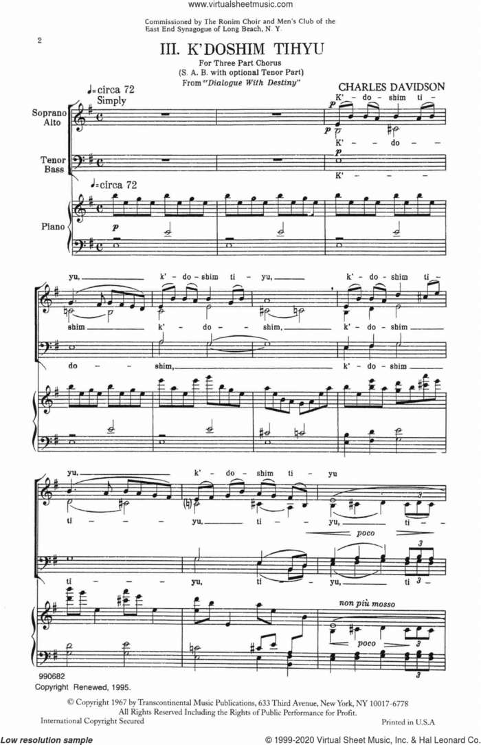 K'Doshim Tihyu sheet music for choir (SAB: soprano, alto, bass) by Charles Davidson, intermediate skill level