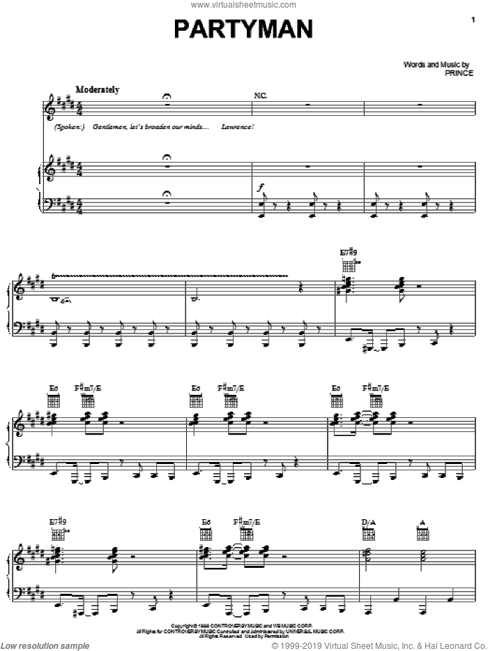 Partyman sheet music for voice, piano or guitar by Prince, intermediate skill level