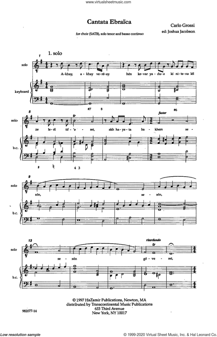 Cantata Ebraica sheet music for choir (SATB: soprano, alto, tenor, bass) by Joshua Jacobson and Carlo Grossi, intermediate skill level