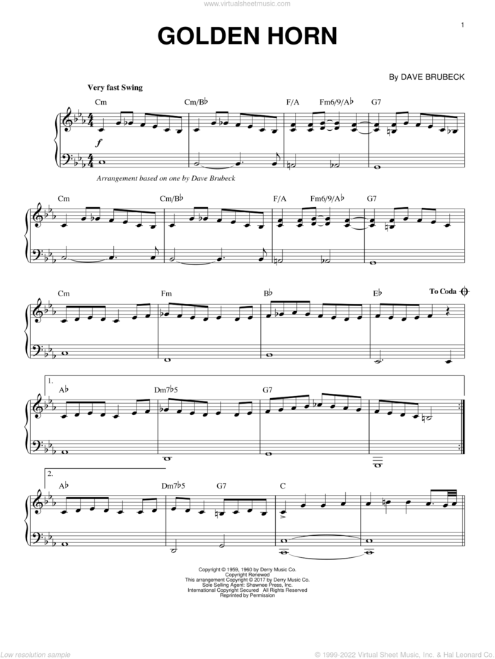 Golden Horn sheet music for piano solo by Dave Brubeck, intermediate skill level