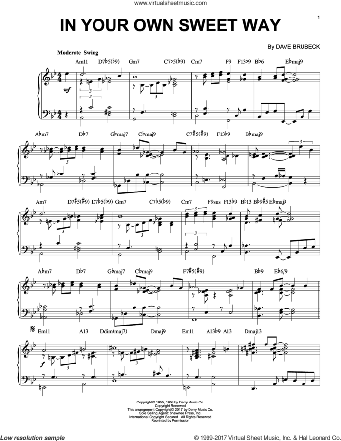 In Your Own Sweet Way, (intermediate) sheet music for piano solo by Dave Brubeck, intermediate skill level