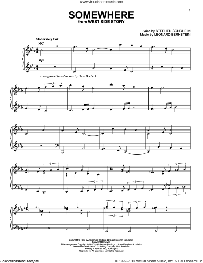 Somewhere (from West Side Story) [Jazz version] sheet music for piano solo by Dave Brubeck, Leonard Bernstein and Stephen Sondheim, intermediate skill level