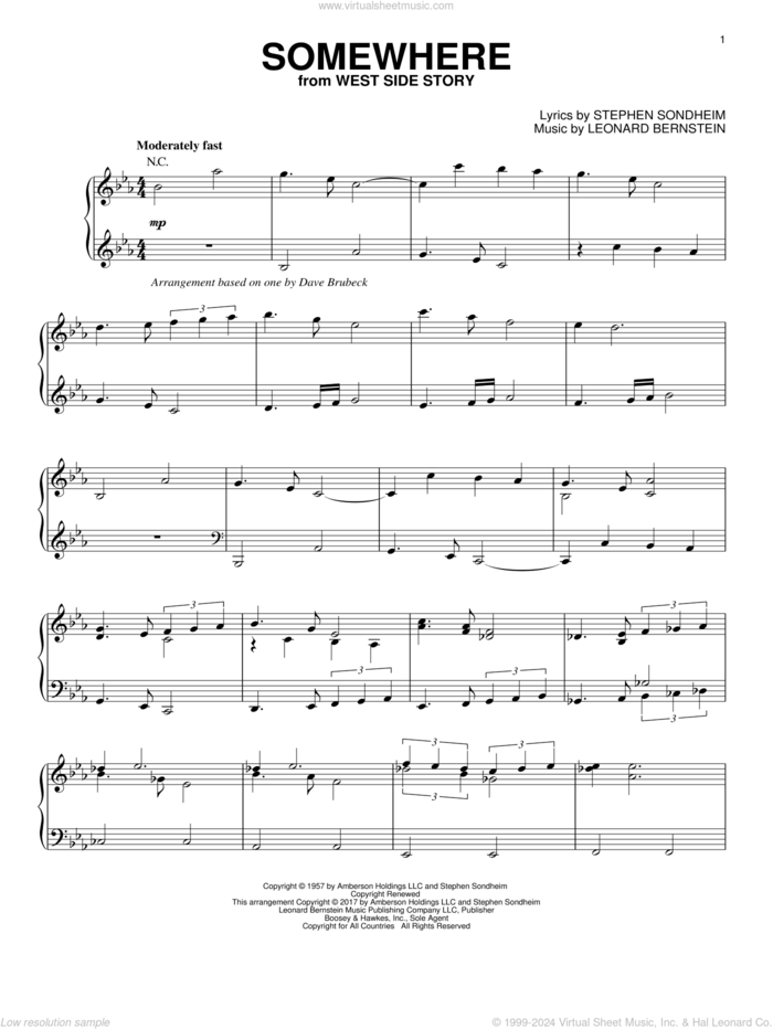 Somewhere (from West Side Story) [Jazz version] sheet music for piano solo by Dave Brubeck, Leonard Bernstein and Stephen Sondheim, intermediate skill level