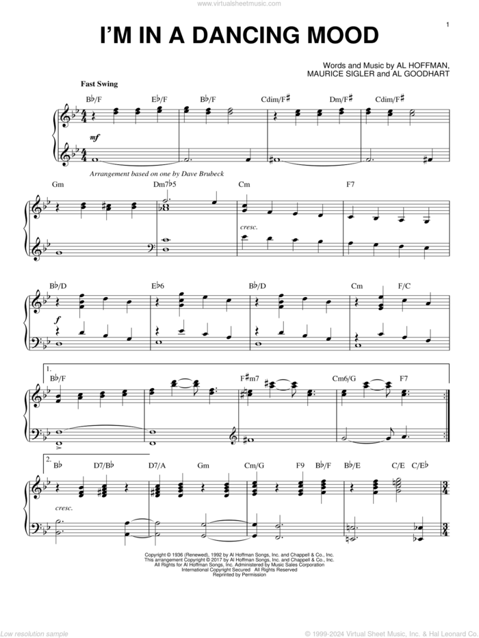 I'm In A Dancing Mood sheet music for piano solo by Dave Brubeck, Al Goodhart, Al Hoffman and Maurice Sigler, intermediate skill level