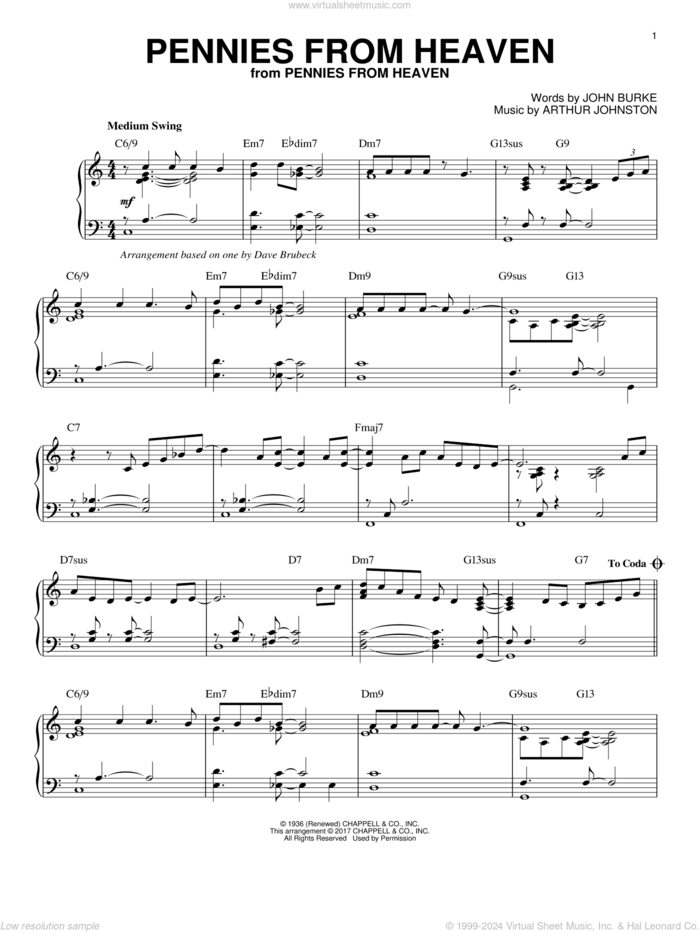 Pennies From Heaven sheet music for piano solo by Dave Brubeck, Arthur Johnston and John Burke, intermediate skill level