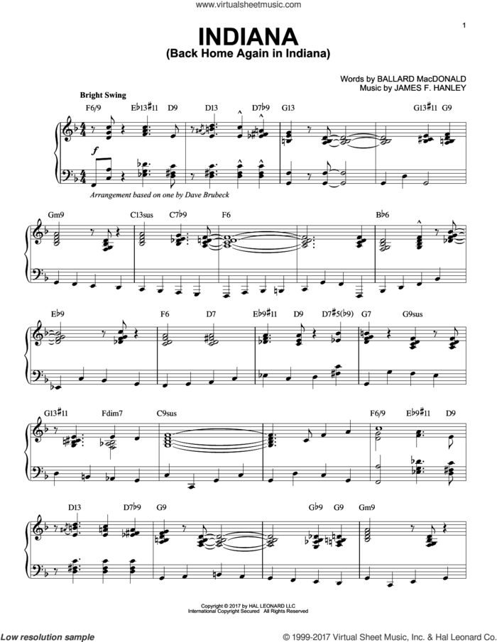 Indiana (Back Home Again In Indiana) sheet music for piano solo by Dave Brubeck, Ballard MacDonald and James Hanley, intermediate skill level