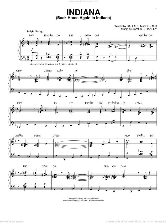 Indiana (Back Home Again In Indiana) sheet music for piano solo by Dave Brubeck, Ballard MacDonald and James Hanley, intermediate skill level