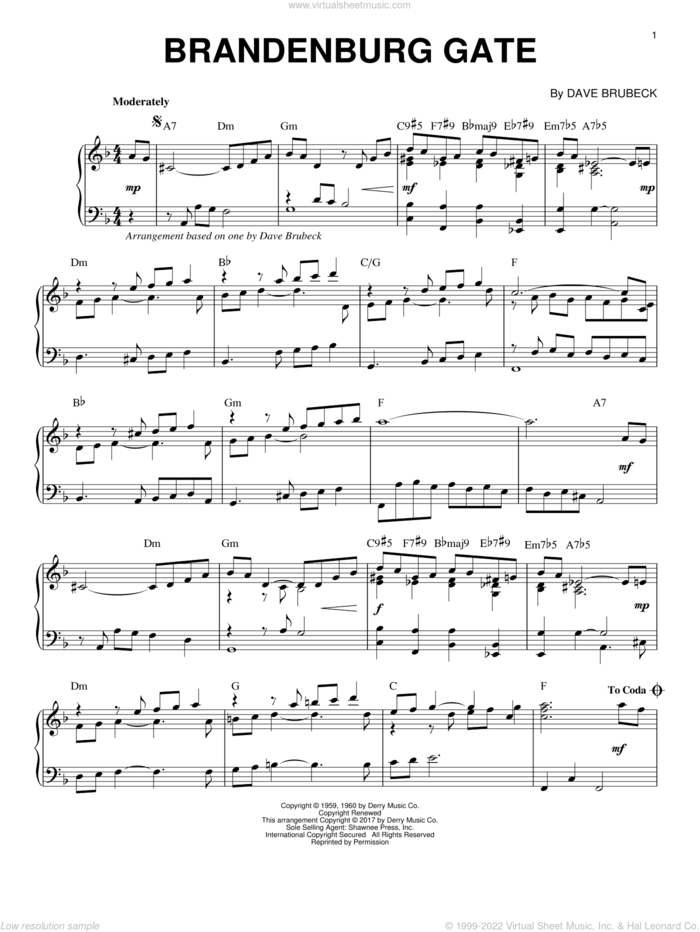 Brandenburg Gate sheet music for piano solo by Dave Brubeck, intermediate skill level