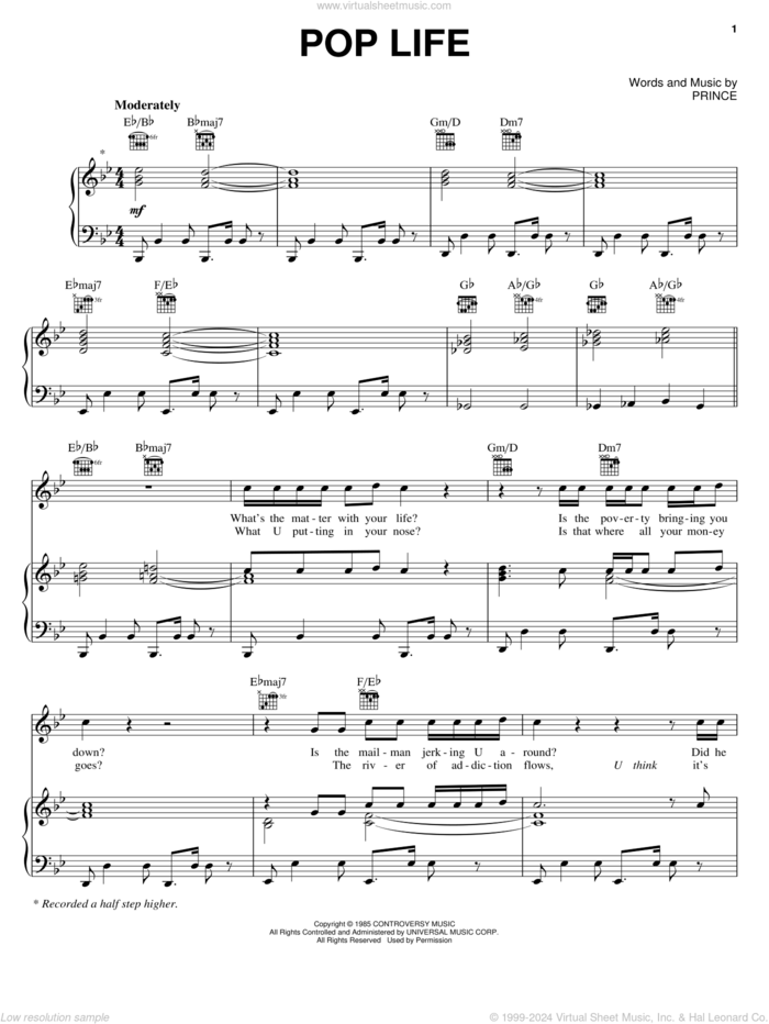 Pop Life sheet music for voice, piano or guitar by Prince and Prince & The Revolution, intermediate skill level