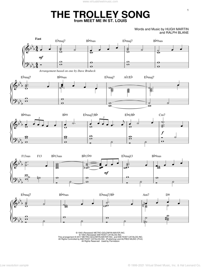 The Trolley Song [Jazz version] sheet music for piano solo by Dave Brubeck, Judy Garland, Hugh Martin and Ralph Blane, intermediate skill level