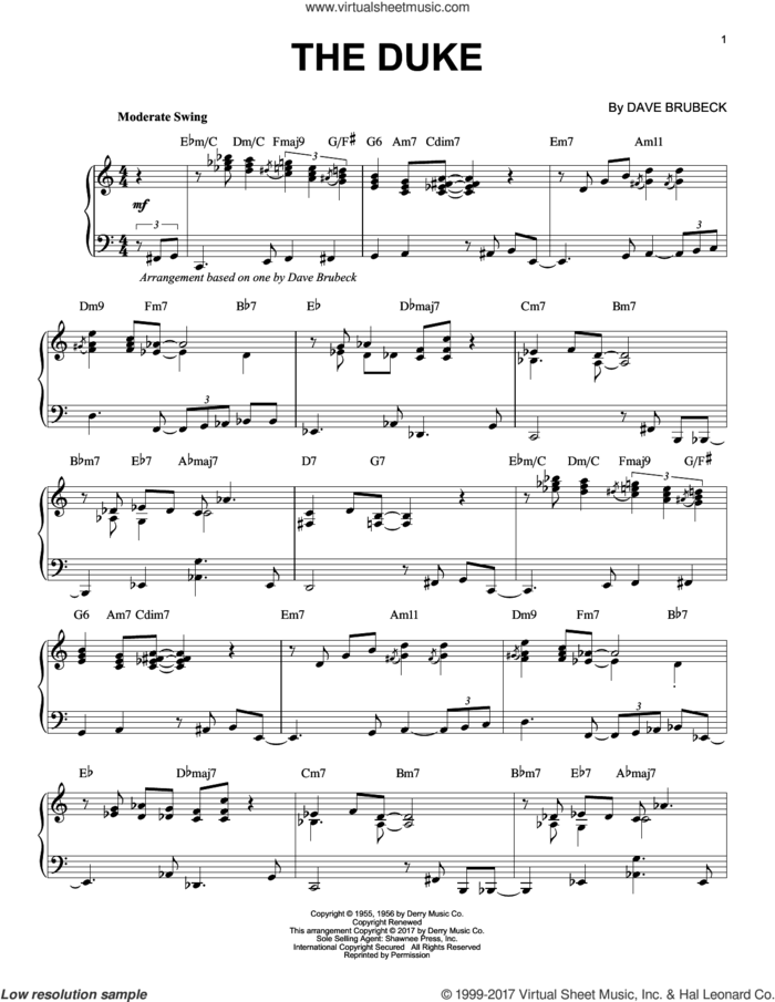 The Duke sheet music for piano solo by Dave Brubeck, intermediate skill level