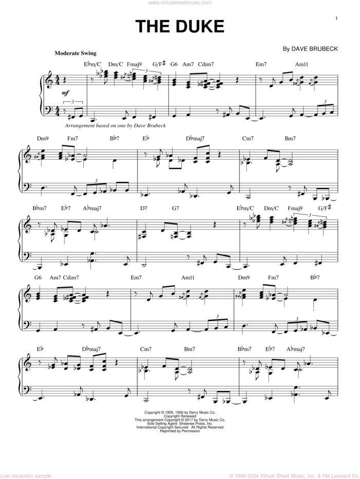 The Duke sheet music for piano solo by Dave Brubeck, intermediate skill level