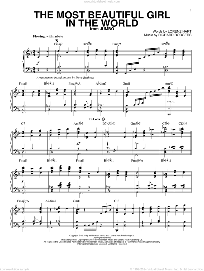 The Most Beautiful Girl In The World sheet music for piano solo by Dave Brubeck, Lorenz Hart and Richard Rodgers, intermediate skill level