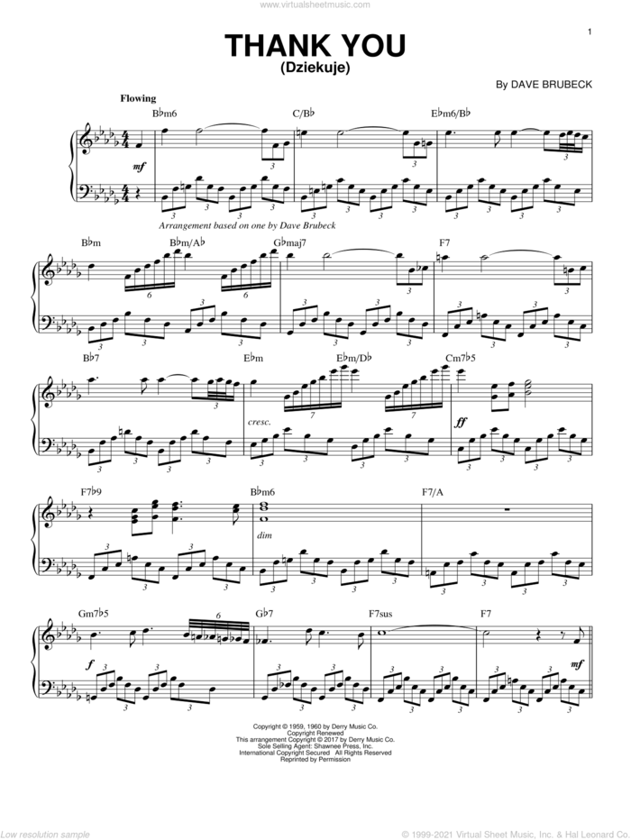 Thank You (Dziekuje) sheet music for piano solo by Dave Brubeck, intermediate skill level