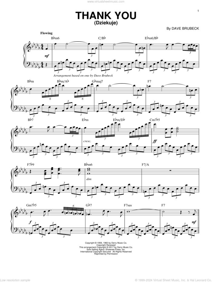 Thank You (Dziekuje) sheet music for piano solo by Dave Brubeck, intermediate skill level