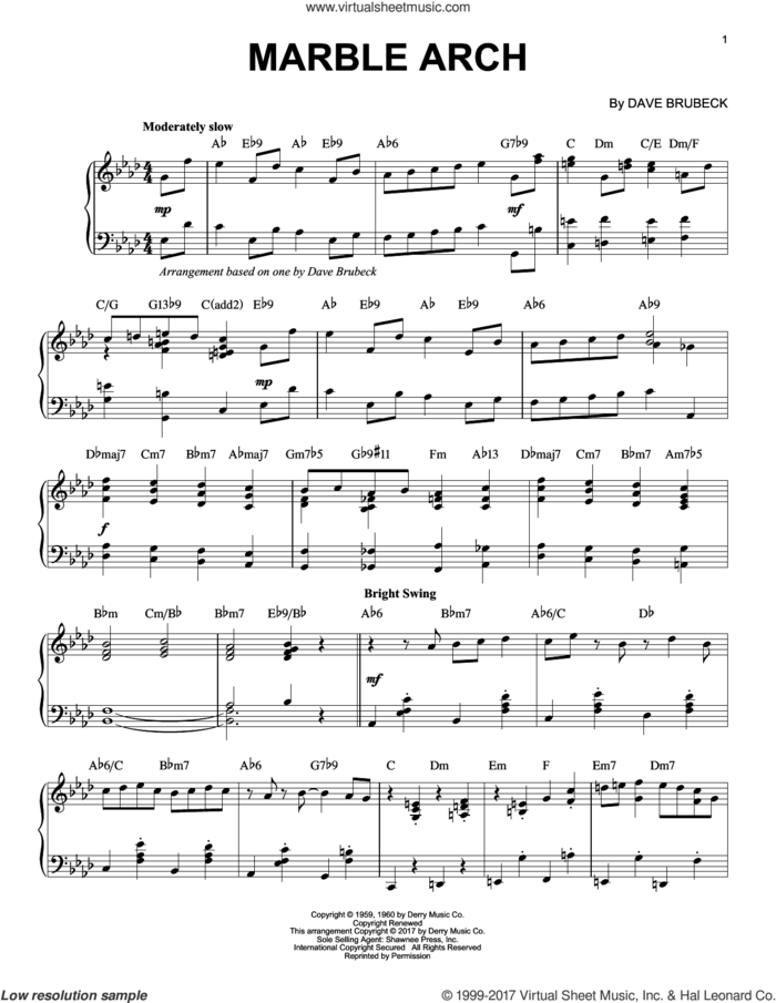 Marble Arch sheet music for piano solo by Dave Brubeck, intermediate skill level