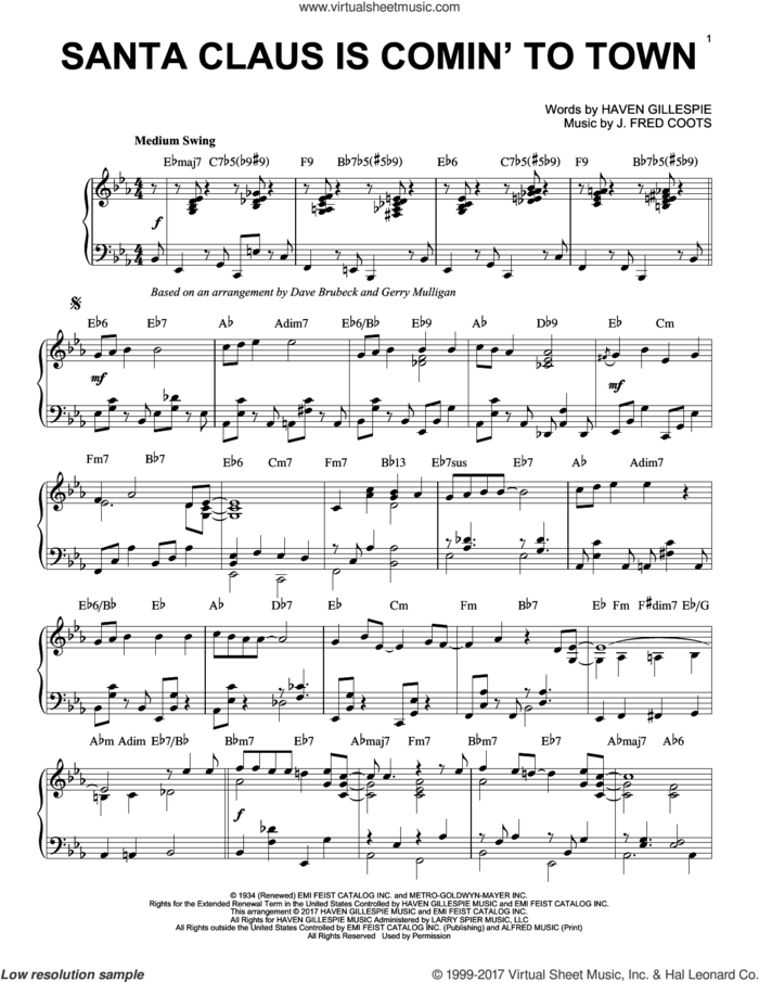 Santa Claus Is Comin' To Town [Jazz version] sheet music for piano solo by Dave Brubeck and J. Fred Coots, intermediate skill level