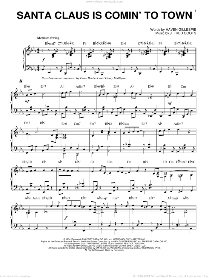 Santa Claus Is Comin' To Town [Jazz version] sheet music for piano solo by Dave Brubeck and J. Fred Coots, intermediate skill level