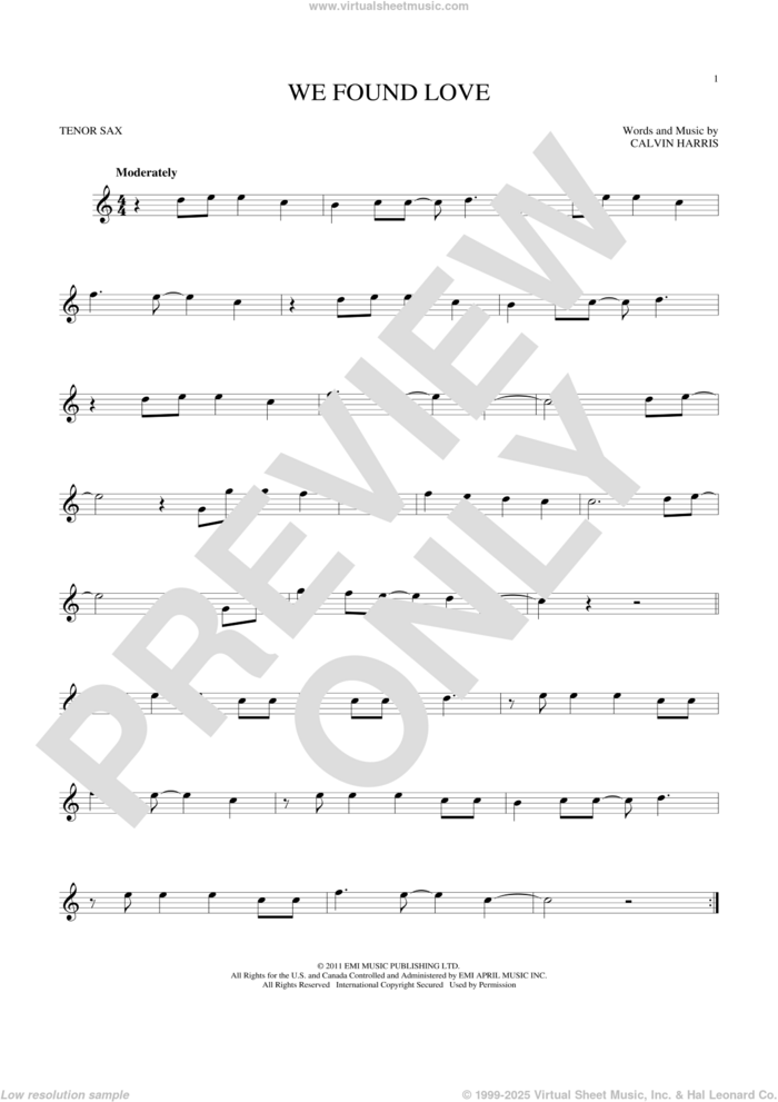 We Found Love sheet music for tenor saxophone solo by Rihanna featuring Calvin Harris and Calvin Harris, wedding score, intermediate skill level