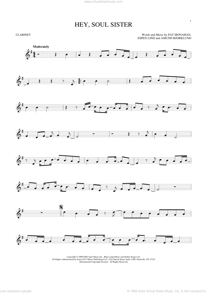 Hey, Soul Sister sheet music for clarinet solo by Train, Amund Bjorklund, Espen Lind and Pat Monahan, intermediate skill level