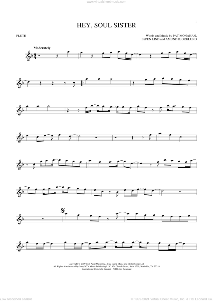 Hey, Soul Sister sheet music for flute solo by Train, Amund Bjorklund, Espen Lind and Pat Monahan, intermediate skill level