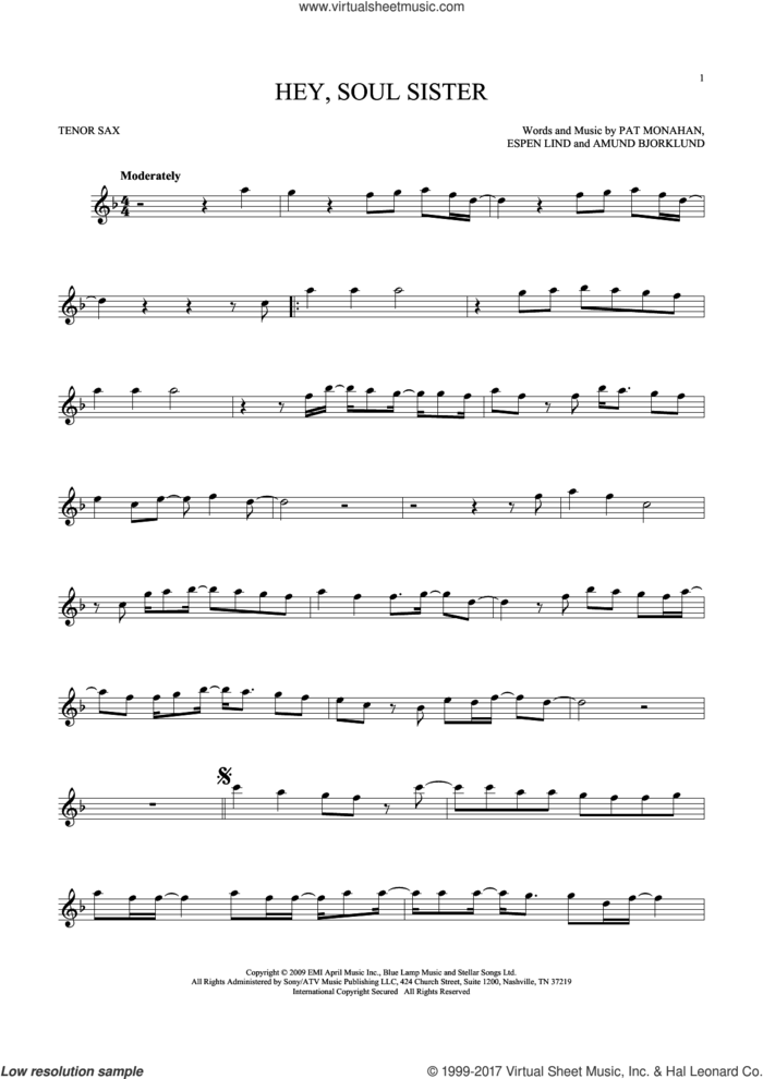 Hey, Soul Sister sheet music for tenor saxophone solo by Train, Amund Bjorklund, Espen Lind and Pat Monahan, intermediate skill level
