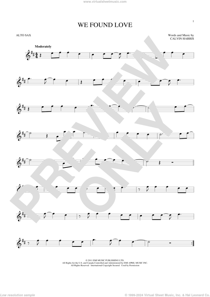 We Found Love sheet music for alto saxophone solo by Rihanna featuring Calvin Harris and Calvin Harris, wedding score, intermediate skill level