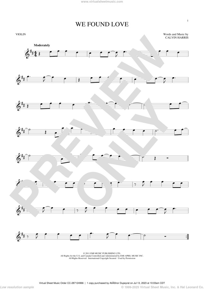 We Found Love sheet music for violin solo by Rihanna featuring Calvin Harris and Calvin Harris, wedding score, intermediate skill level