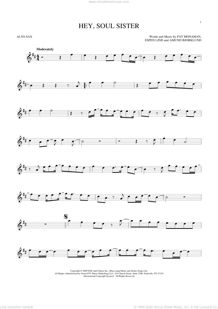 Hey, Soul Sister sheet music for alto saxophone solo by Train, Amund Bjorklund, Espen Lind and Pat Monahan, intermediate skill level