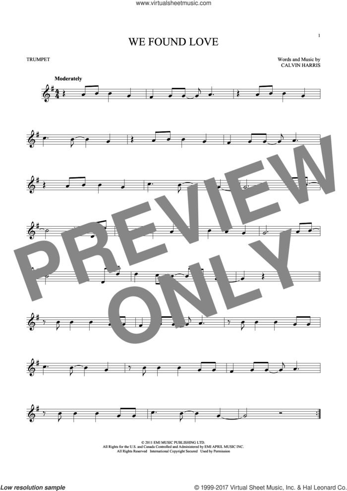 We Found Love sheet music for trumpet solo by Rihanna featuring Calvin Harris and Calvin Harris, wedding score, intermediate skill level
