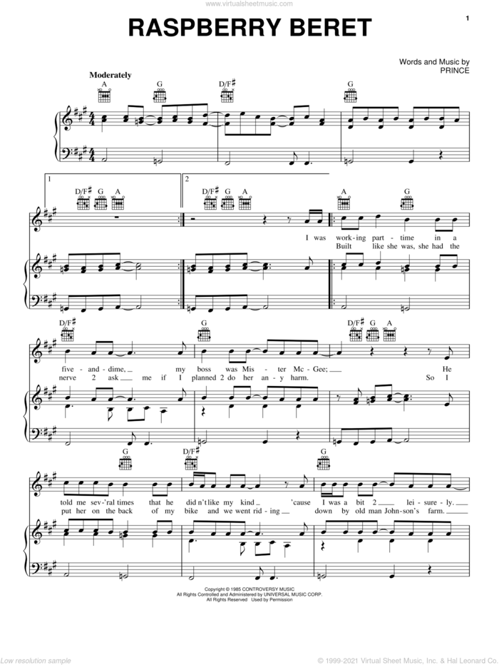 Raspberry Beret sheet music for voice, piano or guitar by Prince and Prince & The Revolution, intermediate skill level