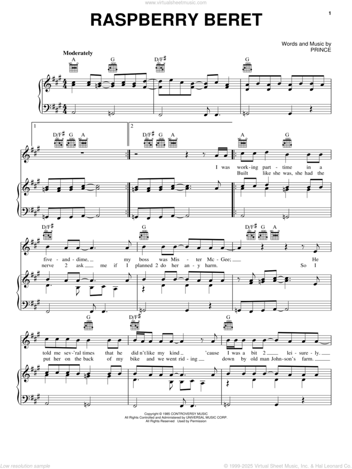 Raspberry Beret sheet music for voice, piano or guitar by Prince and Prince & The Revolution, intermediate skill level