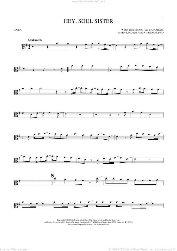 Hey, Soul Sister sheet music for viola solo by Train, Amund Bjorklund, Espen Lind and Pat Monahan, intermediate skill level