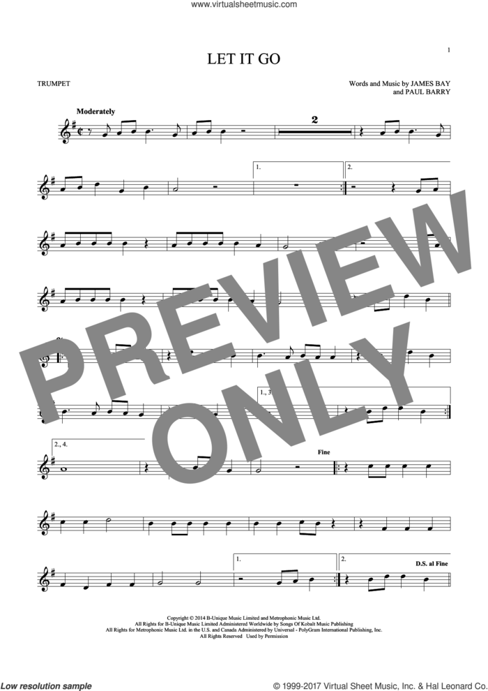 Let It Go sheet music for trumpet solo by James Bay and Paul Barry, intermediate skill level