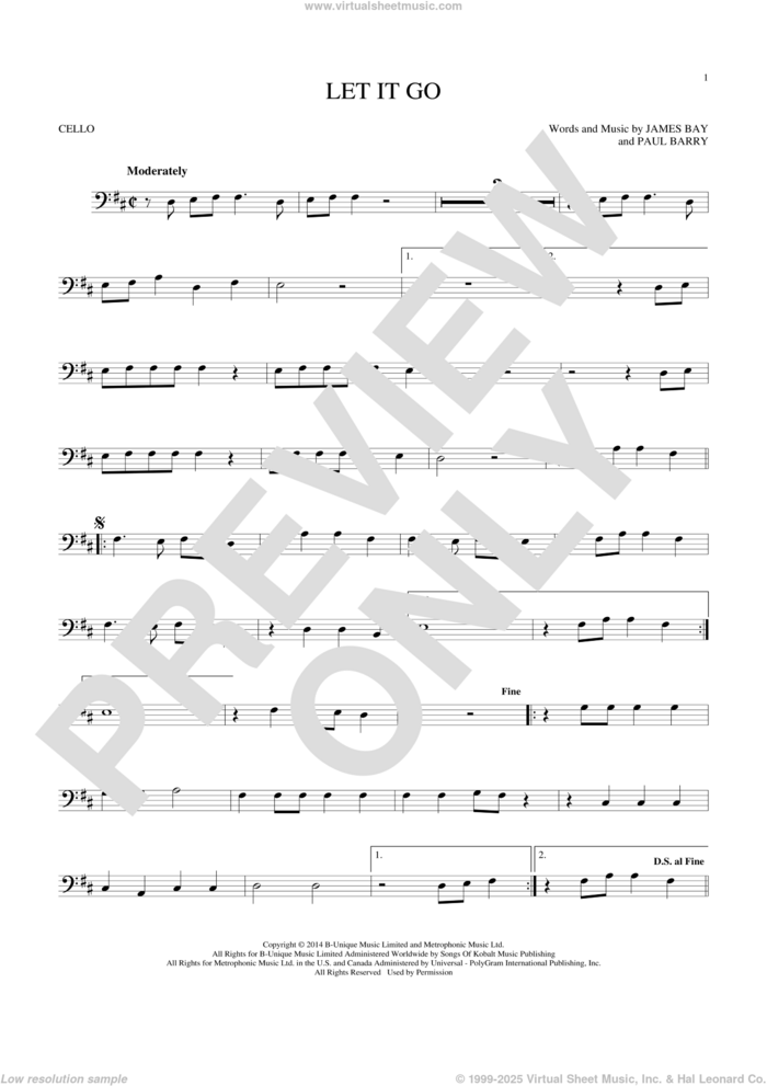 Let It Go sheet music for cello solo by James Bay and Paul Barry, intermediate skill level