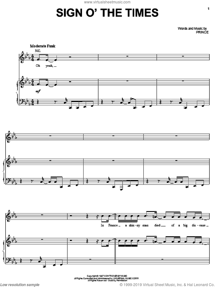 Sign O' The Times sheet music for voice, piano or guitar by Prince, intermediate skill level