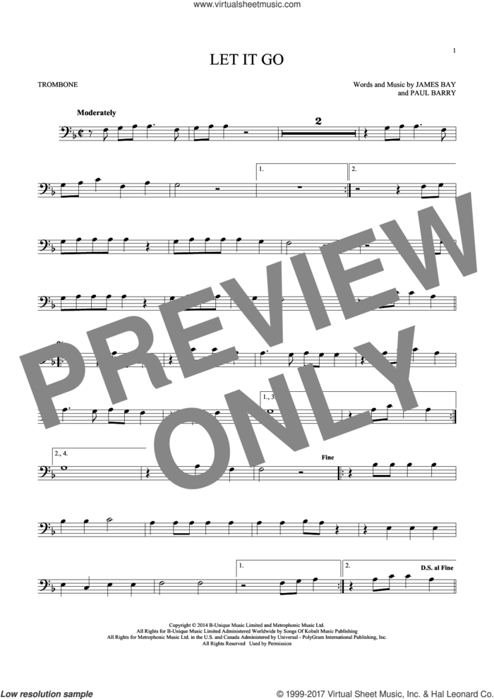 Let It Go sheet music for trombone solo by James Bay and Paul Barry, intermediate skill level