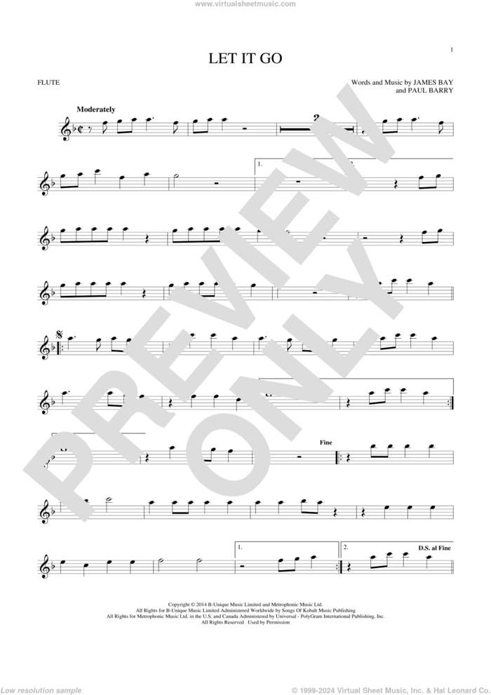 Let It Go sheet music for flute solo by James Bay and Paul Barry, intermediate skill level