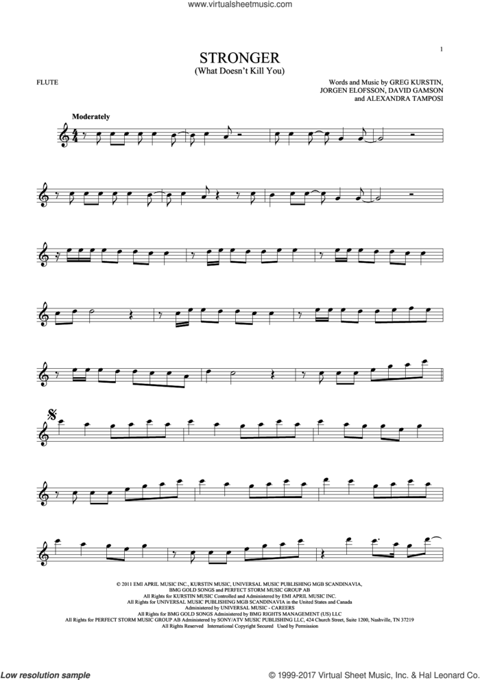 Stronger (What Doesn't Kill You) sheet music for flute solo by Kelly Clarkson, Alexandra Tamposi, David Gamson, Greg Kurstin and Jorgen Elofsson, intermediate skill level