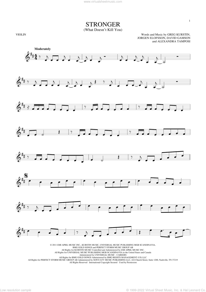 Stronger (What Doesn't Kill You) sheet music for violin solo by Kelly Clarkson, Alexandra Tamposi, David Gamson, Greg Kurstin and Jorgen Elofsson, intermediate skill level