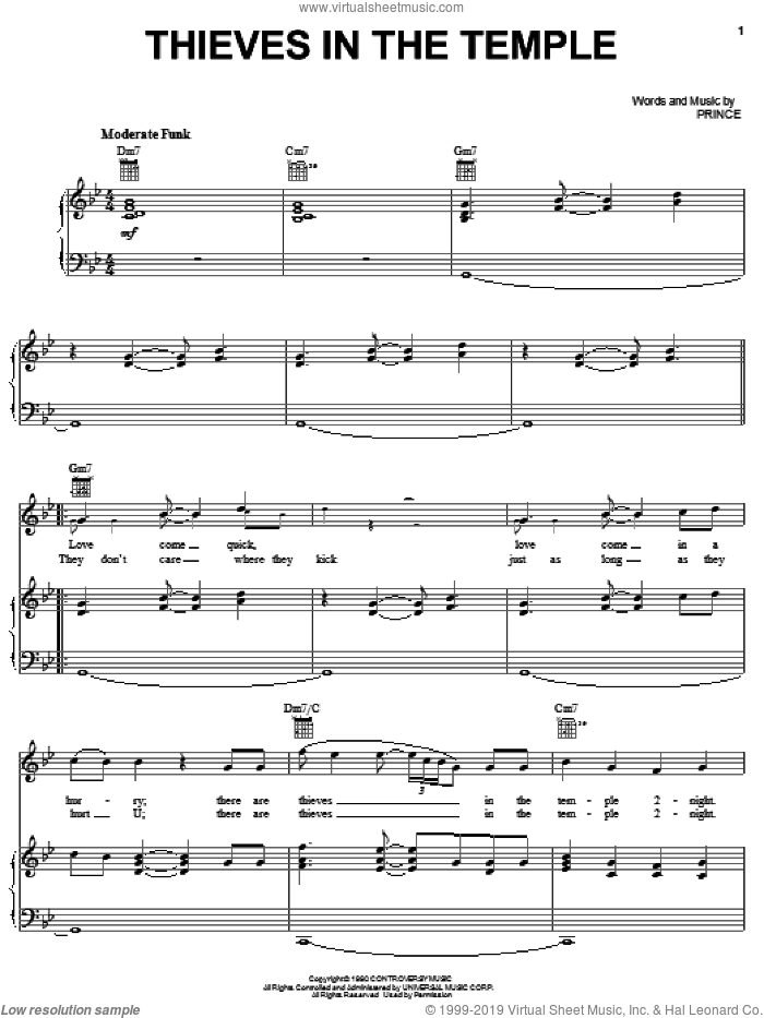 Thieves In The Temple sheet music for voice, piano or guitar by Prince, intermediate skill level