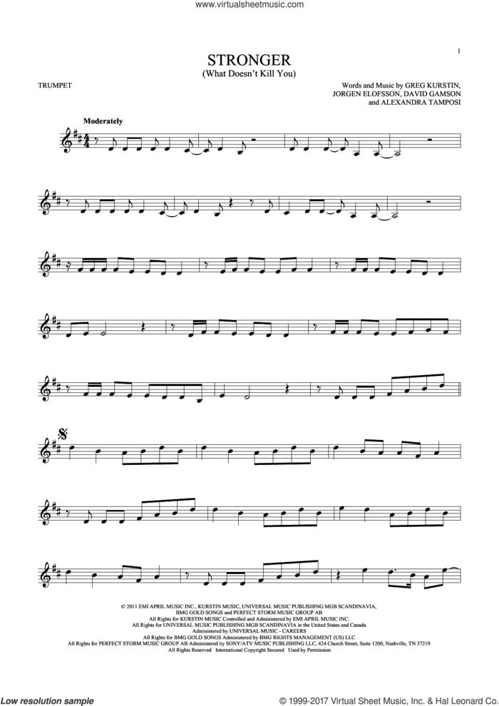 Stronger (What Doesn't Kill You) sheet music for trumpet solo by Kelly Clarkson, Alexandra Tamposi, David Gamson, Greg Kurstin and Jorgen Elofsson, intermediate skill level