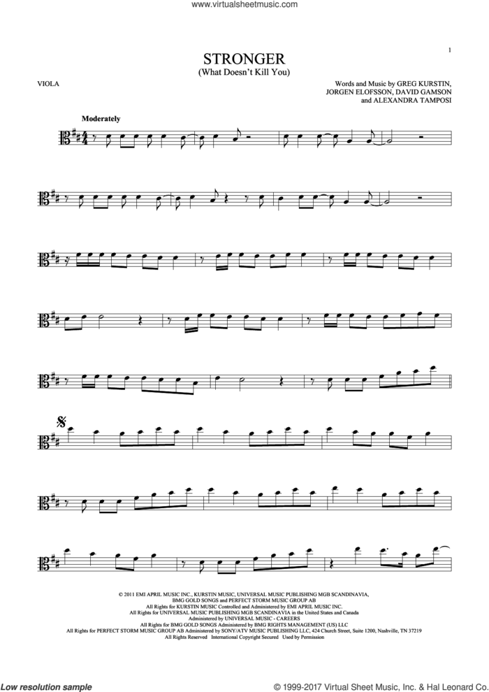 Stronger (What Doesn't Kill You) sheet music for viola solo by Kelly Clarkson, Alexandra Tamposi, David Gamson, Greg Kurstin and Jorgen Elofsson, intermediate skill level
