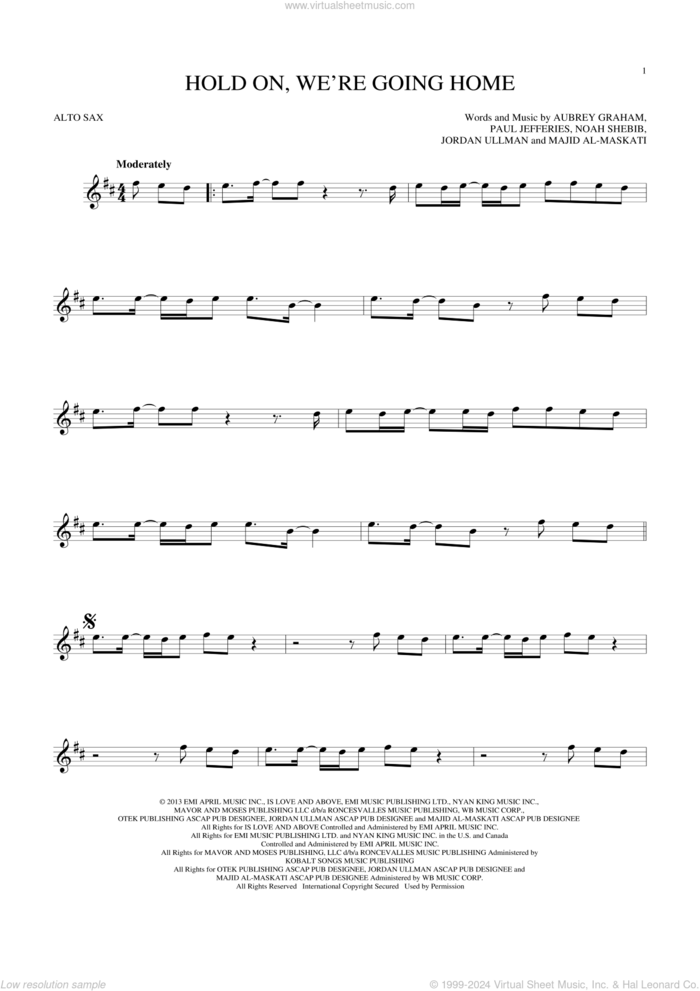 Hold On, We're Going Home sheet music for alto saxophone solo by Drake, Aubrey Graham, Jordan Ullman, Majid Al-Maskati, Noah Shebib and Paul Jefferies, intermediate skill level