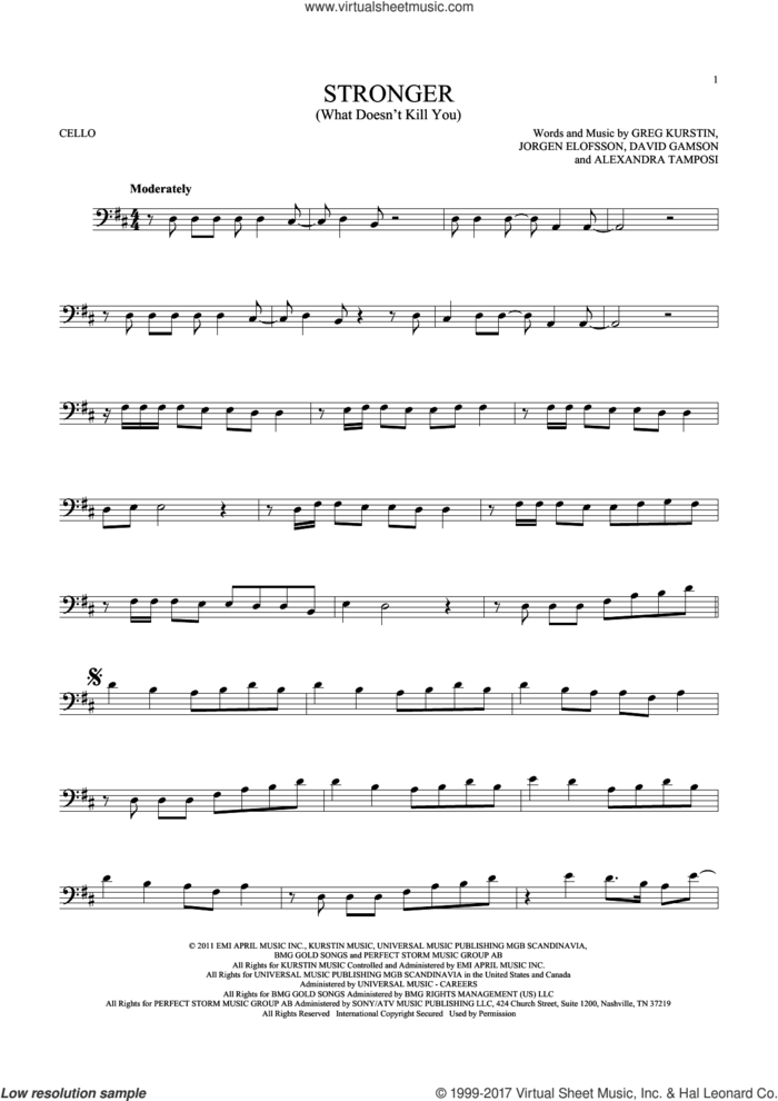 Stronger (What Doesn't Kill You) sheet music for cello solo by Kelly Clarkson, Alexandra Tamposi, David Gamson, Greg Kurstin and Jorgen Elofsson, intermediate skill level