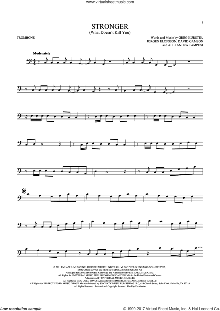 Stronger (What Doesn't Kill You) sheet music for trombone solo by Kelly Clarkson, Alexandra Tamposi, David Gamson, Greg Kurstin and Jorgen Elofsson, intermediate skill level