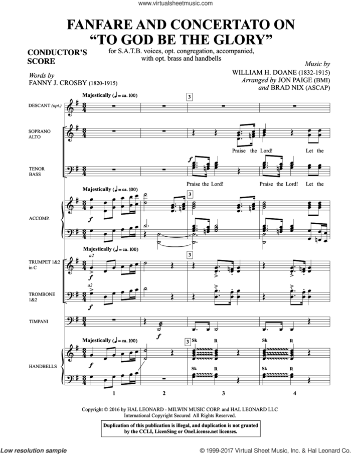 Fanfare and Concertato on 'To God Be the Glory' (COMPLETE) sheet music for orchestra/band by Brad Nix, Fanny J. Crosby, Jon Paige (arr.) and William H. Doane, intermediate skill level