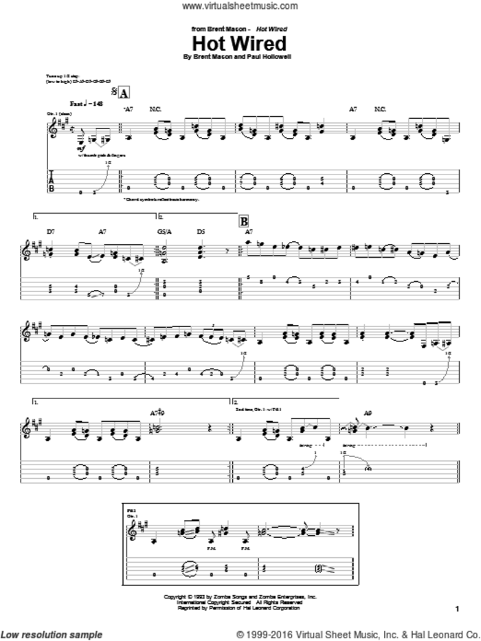 Hot Wired sheet music for guitar (tablature) by Brent Mason and Paul Hollowell, intermediate skill level